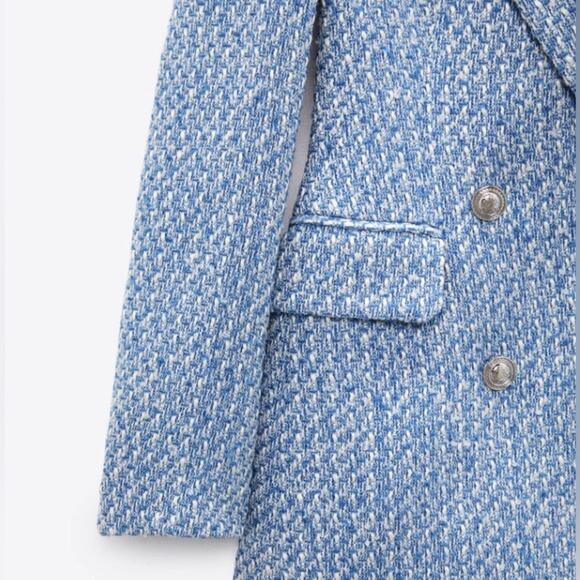 Zara Textured Double-breasted Blazer Blue White 8741/725 - large - Picture 8 of 11